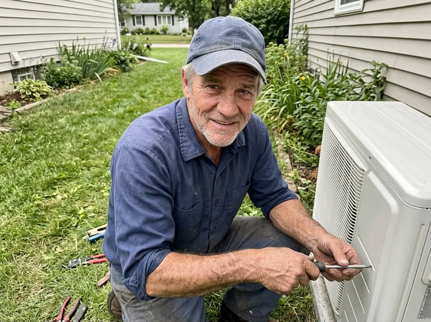 Mike working on an outdoor heat pump unit